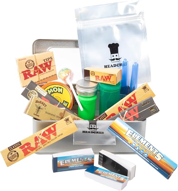 RAW Cigarette Smokers Rolling Gift Tin Box Set - Smoking Hamper Kit - Window Lid Tin Roller Storage Unit - (MEDIUM) (RAWTHENTIC, ROLLING PAPERS, SKINS)