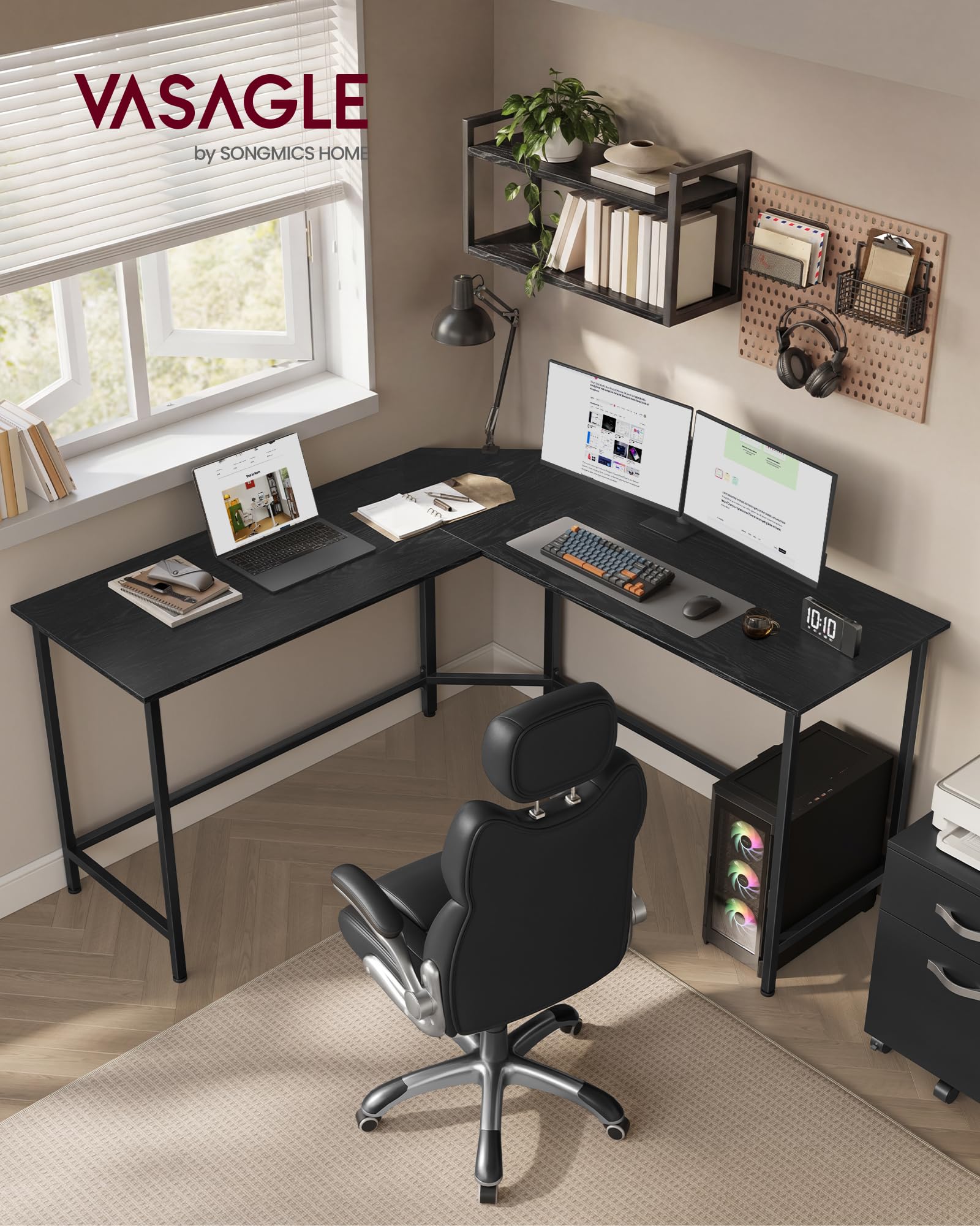 VASAGLE Schreibtisch, L-förmiger Computertisch, 140 x 140 x 76 cm, Eckschreibtisch, platzsparender Bürotisch, Gaming, Homeoffice, einfacher Aufbau, ebenholzschwarz-tintenschwarz LWD073B56V1