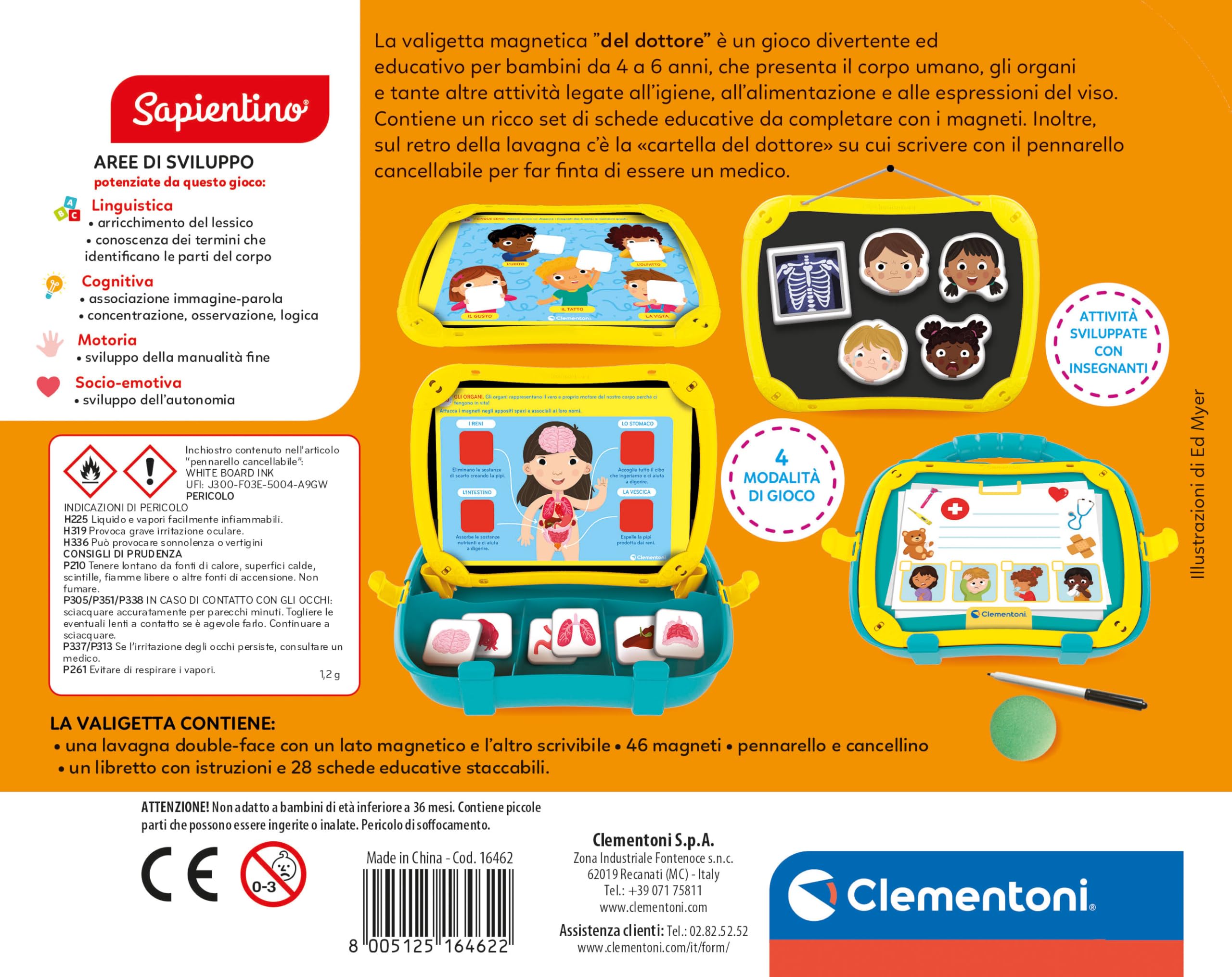 Clementoni - Sapientino koffer dokter educatief spel 4 jaar voor het leren van nieuwe woorden, magneetbord en kaarten, ontwikkeling van de vroege kindertijd, 16462, meerkleurig