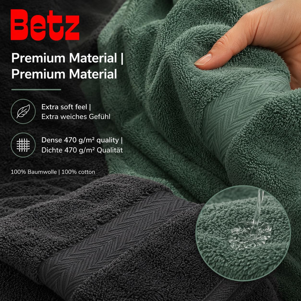 Betz Lot de 12 Serviettes Premium 2 draps de Bain 4 Serviettes de Toilette 2 Serviettes d'invité 2 lavettes 2 Gants de Toilette 100% Coton Couleur Graphite & Vert Sapin