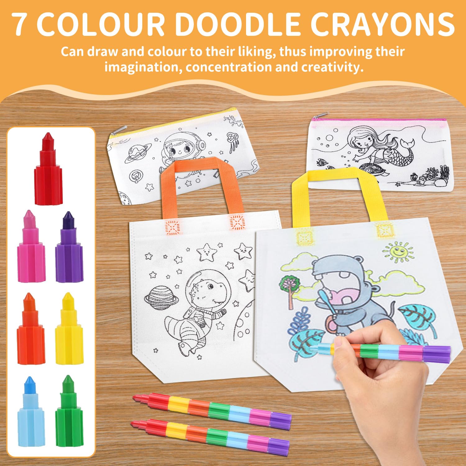 Kit De 10 Bolsas De Tela Para Pintar Para Niños + 10 Pinturas De Cera Apilables | Regalo Perfecto Para Cumpleaños