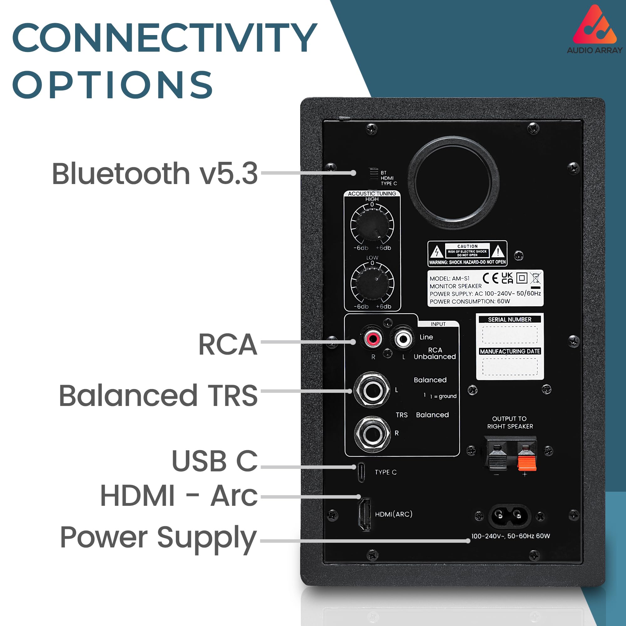 Audio Array AM-S1 BT v5.3 |Professional 4" Studio Monitor Speaker Pair| 60W Class D Amplification,Woven Composite Woofer,1" Silk-Dome Tweeter,EQ Controls|Music/Monitor Mode, Aux, HDMI, USB C, TRS, RCA - Image 3 thumbnail