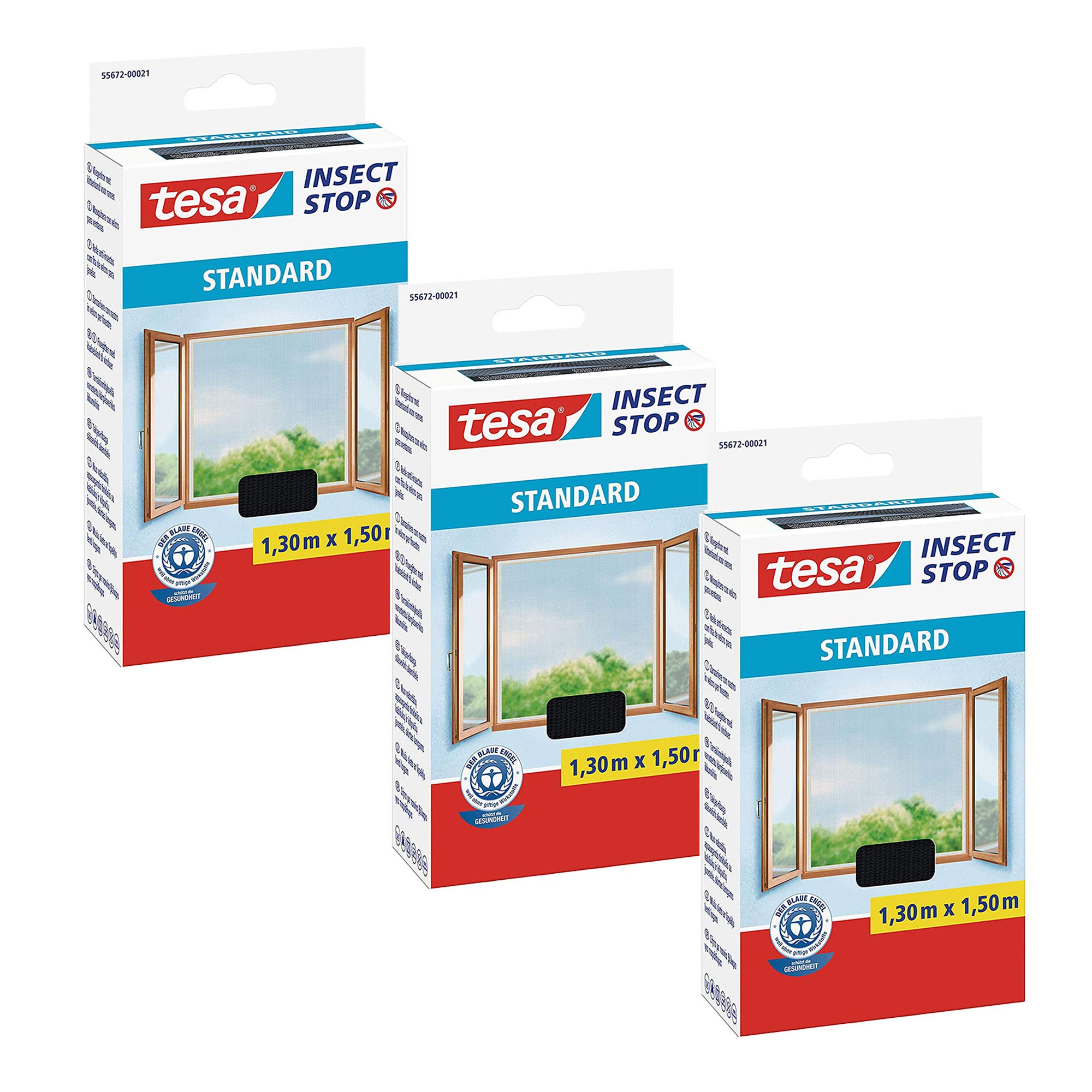 tesa Insect Stop Klett Fliegengitter für Fenster - Insektenschutz mit Klettband, zuschneidbar - Mückenschutz ohne Bohren - 130 cm x 150 cm - Anthrazit (130 cm x 150 cm | 3er Pack)