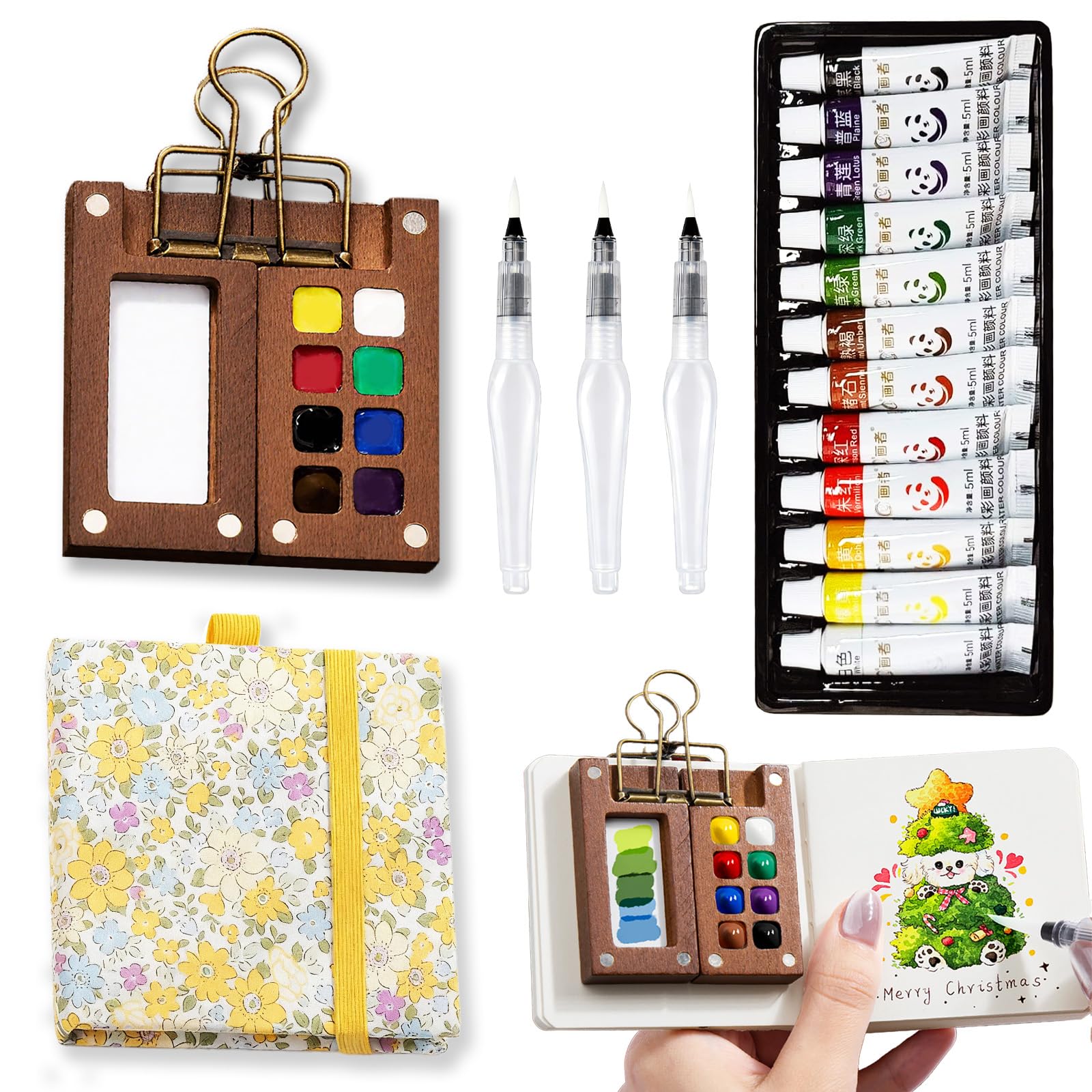 Mini Watercolor Set, Travel Palette for Sketching, Wooden Palette
