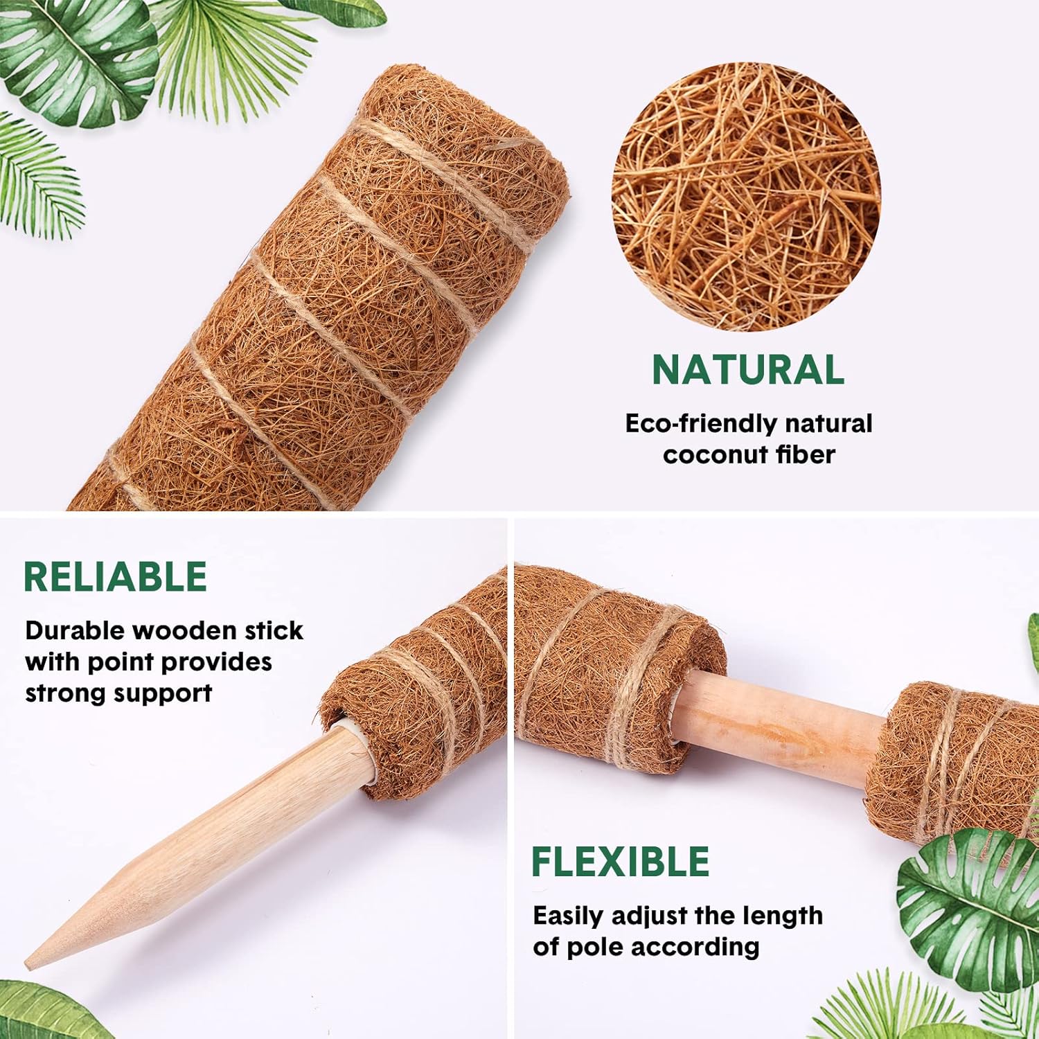 10 Pack Moss Pole, 112 Inch Coir Moss Pole for Plants Monstera, Plant Pole for Climbing Indoor Plants Potted Plants, Plant Sticks Support Extension with 30 Pcs Plant Labels and 5 Pcs Garden Ties