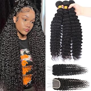 12A Brazilian Virgin Deep Wave Hair 3 Bundles with Closure (20 22 24+18"Closure) 100% Unprocessed Virgin Brazilian Pineapple Wave Bundles with Closure Natural Color
