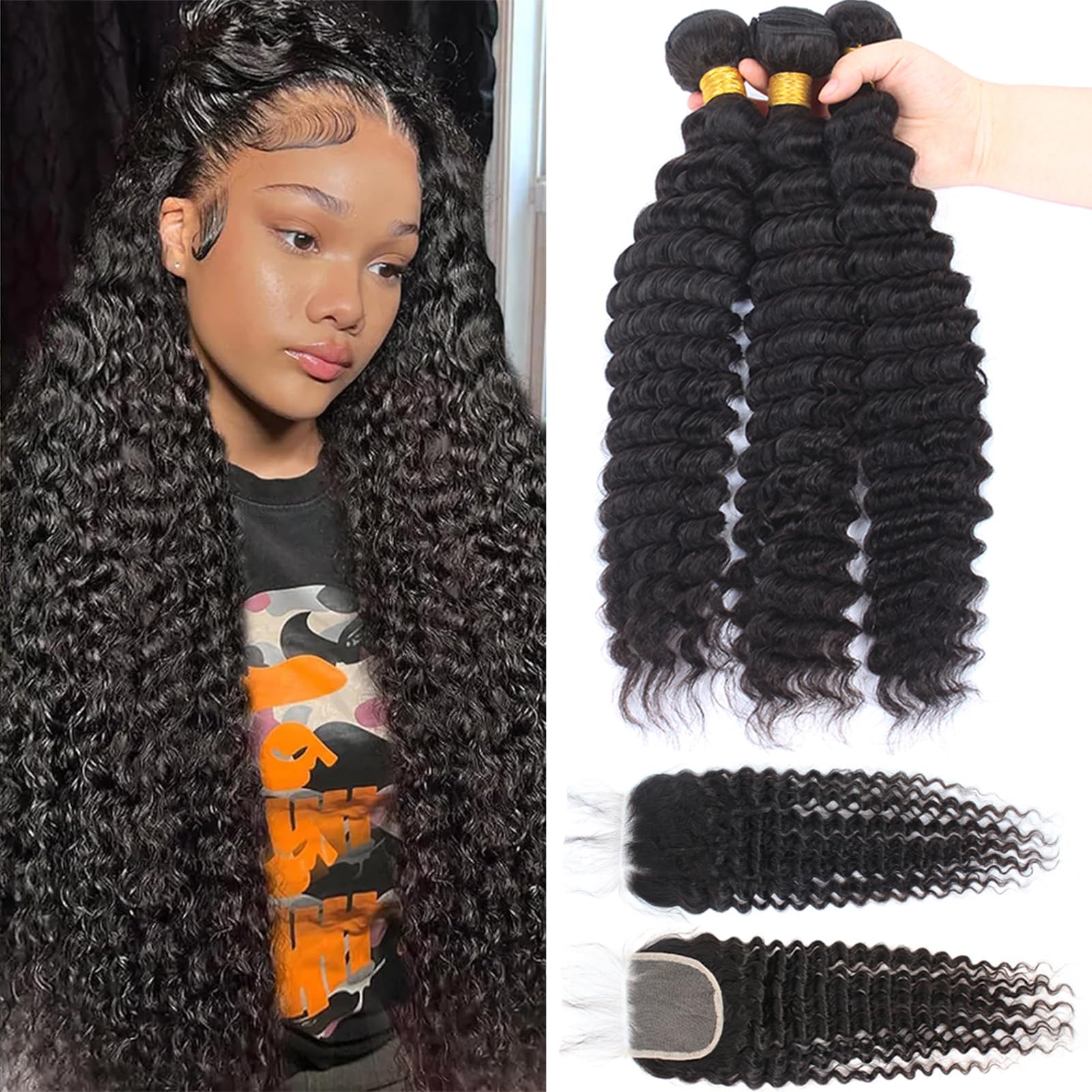 12A Brazilian Virgin Deep Wave Hair 3 Bundles with Closure (20 22 24+18"Closure) 100% Unprocessed Virgin Brazilian Pineapple Wave Bundles with Closure