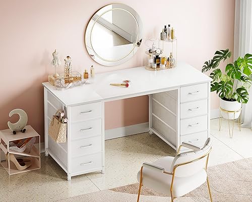 Miniatura 2 de ODK Escritorio blanco para computadora de 48 pulgadas con 8 cajones de tela, escritorio de oficina moderno con gran almacenamiento para oficina en