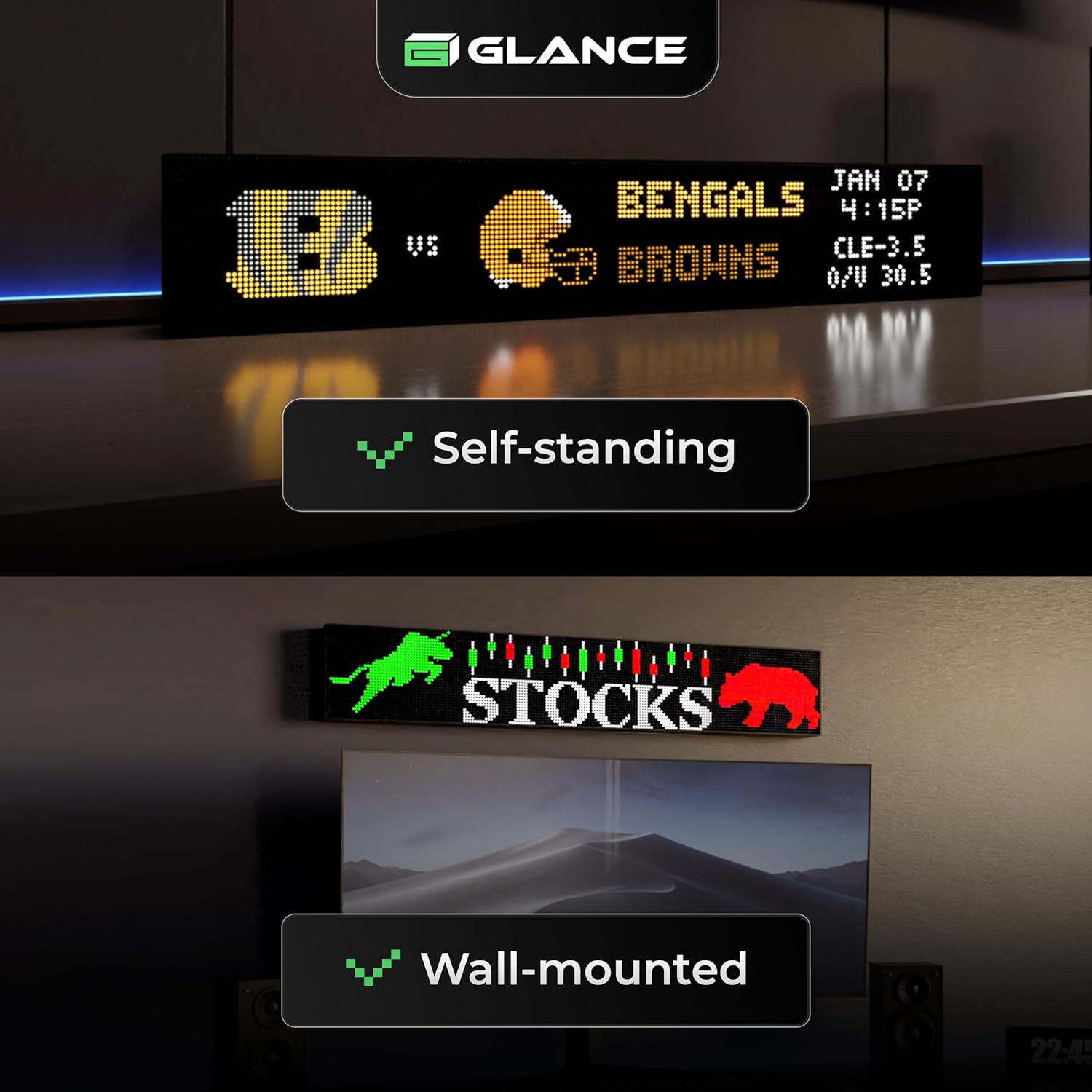 Glance Scroll – Customizable Scrolling LED Ticker Display for Live Sports, Stocks, News & More, Sport Ticker Display for Man Cave, Wall Street Stock Market LED Ticker Display, Made in USA