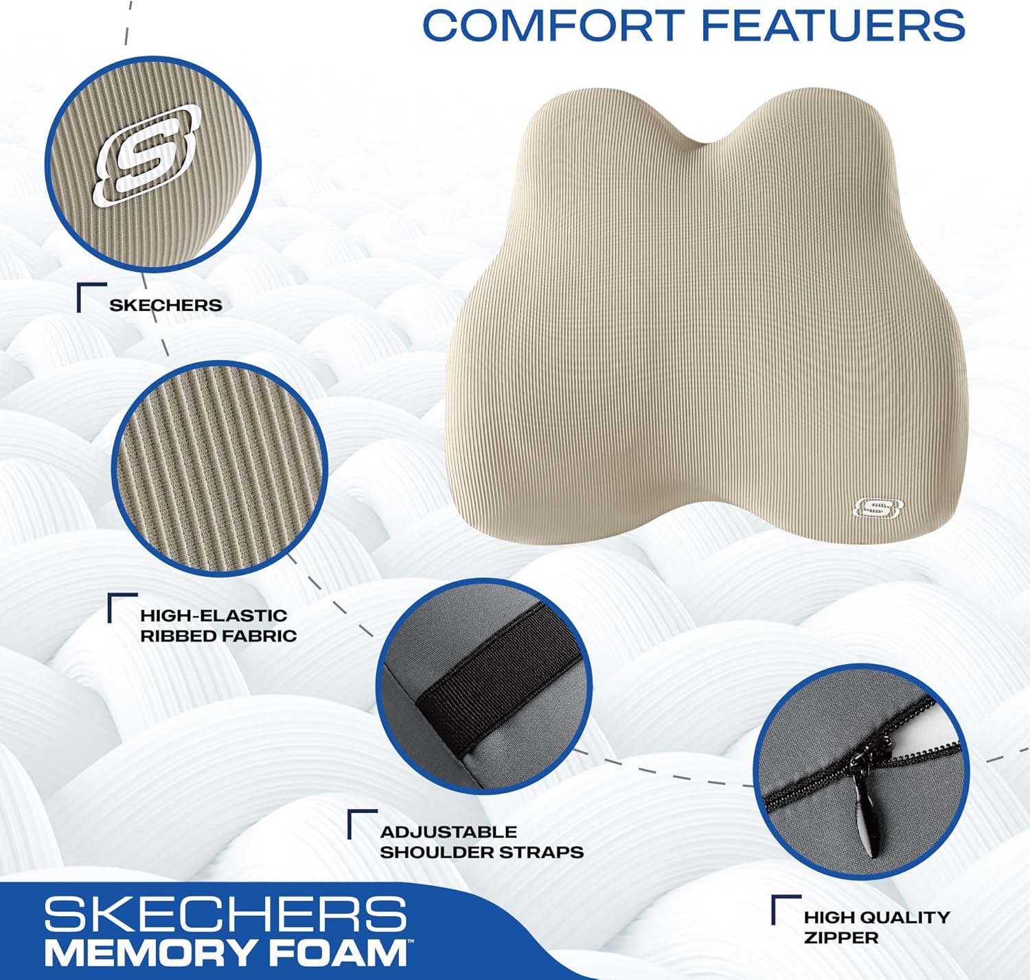 Skechers Memory Foam Lumbar Pillow and Seat Cushion,Lumbar Support Pillow for Office, Chair Lower Back Pain Relief Lumbar Pillow, Ergonomic Back Support Pillow for Office Chair, Car,Travel,Beige
