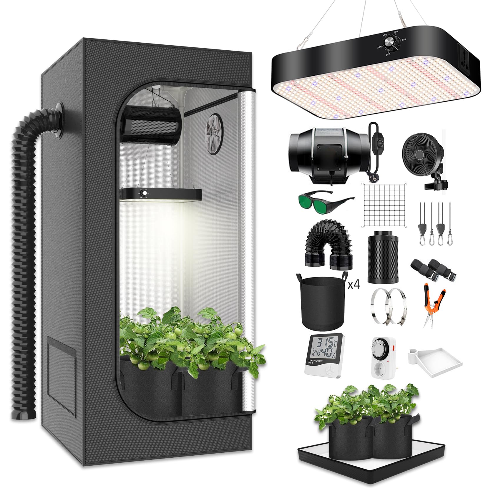 Armario de Cultivo Juego Completo Armario de Cultivo Kit 120x120x200cm con 200W LED Lámpara de Cultivo de Espectro Completo Regulable, Armario de Cultivo Kit Completo Hidroponía