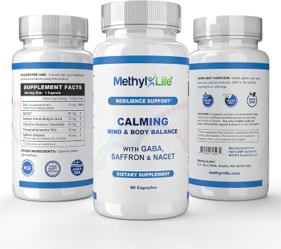 Methyl-Life Calming Supplement with GABA & Saffron Capsules for Daily Balance & Relaxation Vegan, Non-GMO, Gluten & Top 14 Allergen Free | 60 Capsules