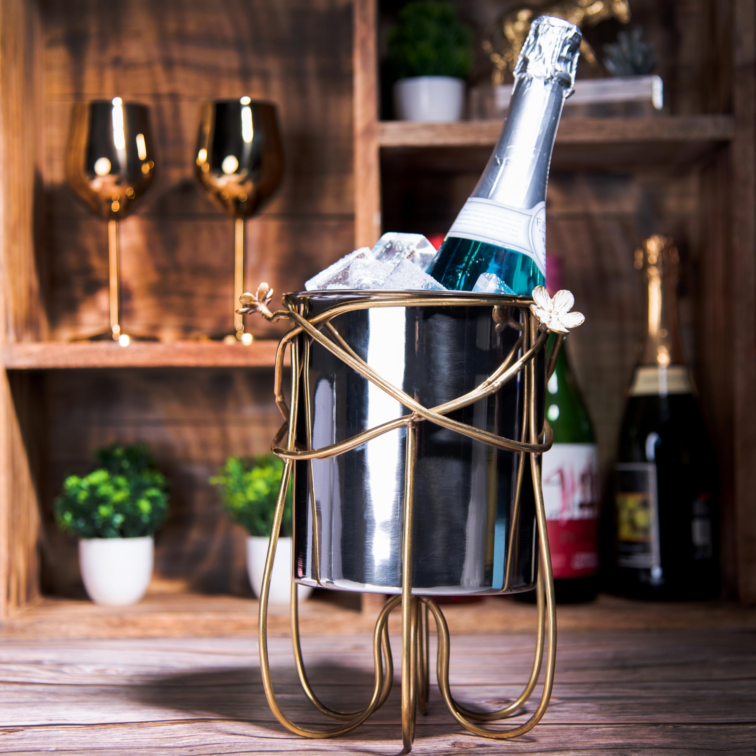 GIBOX Champagne Bucket with Stand | Brass Frame Stand Wine Cooler for Home Freestanding | Wine Bottle Holder for Home | Luxury Bar Accessory for Home Decor | Beer Bottle Stainless Steeel Holder-picture-25