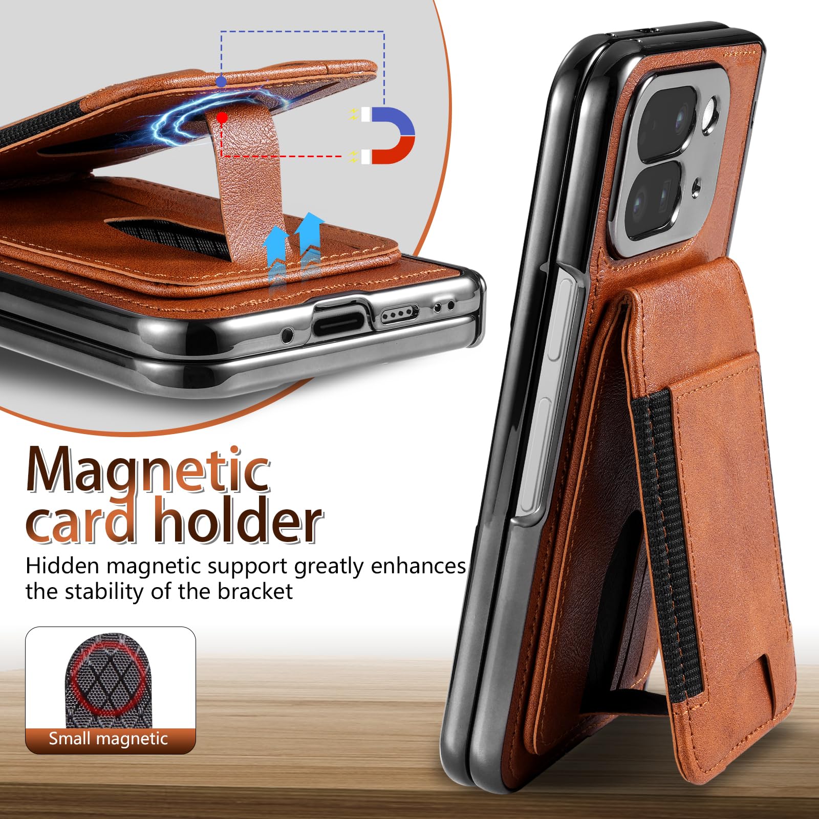 Funda Cartera para Google Pixel 10 Pro Fold 2025 con Soporte 2 en 1, Marrón | Tarjetero Desmontable para 4 Tarjetas, Soporte Vertical y Horizontal, Protector Frontal de Vidrio Templado, Exterior de PU