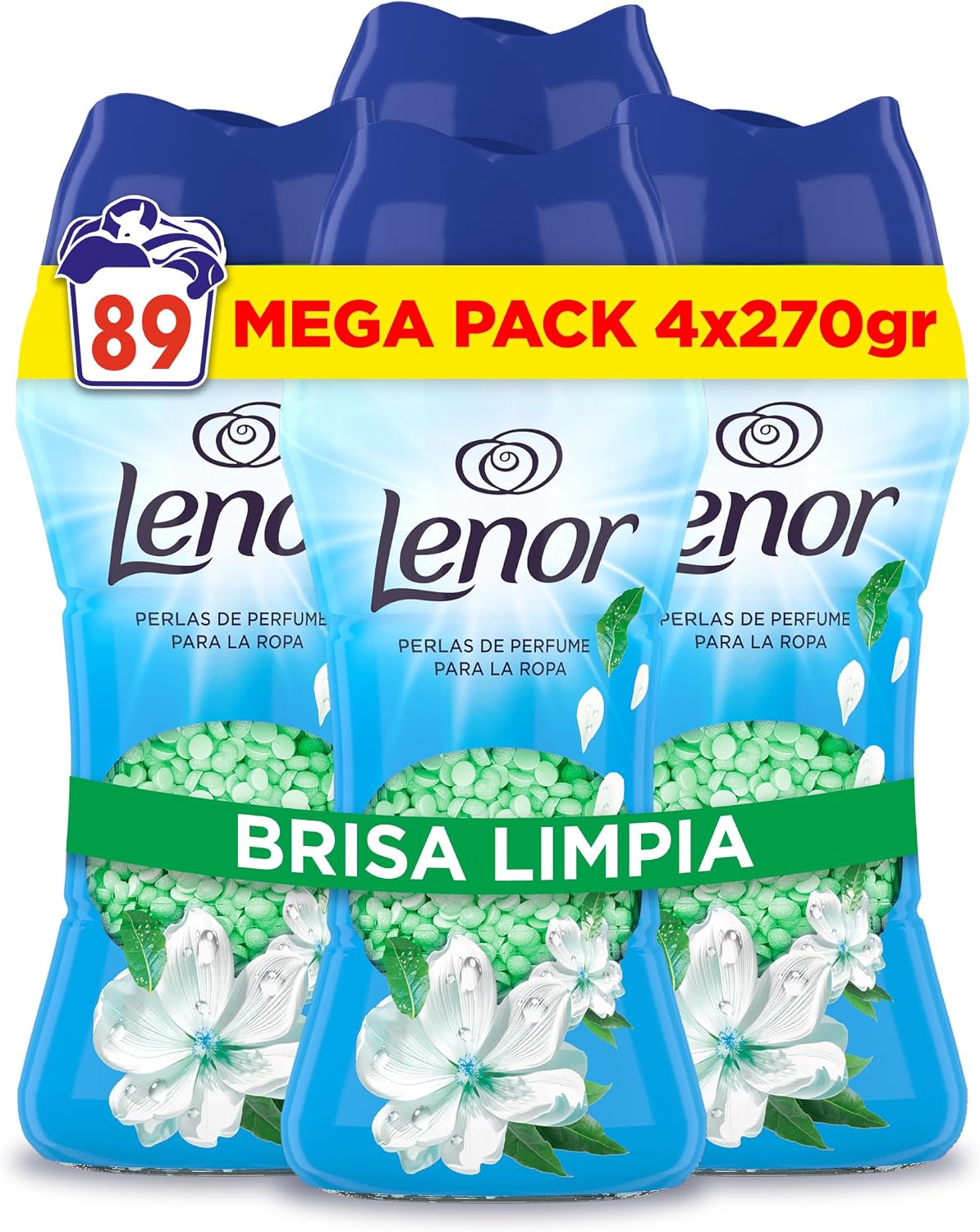 Lenor Perlas De Perfume para la Ropa, 89 Lavados (4 x 270g), Brisa Marina Y Jazmín, Edición Limitada Costa Mediterránea, Frescor Ininterrumpido Hasta 12 Semanas