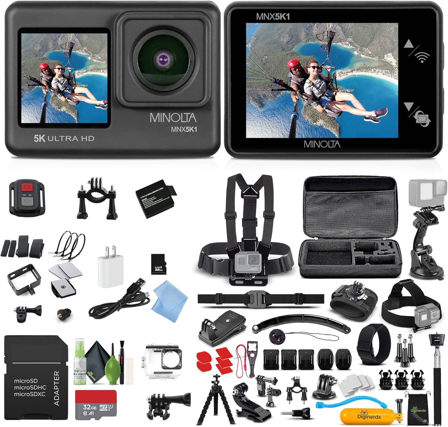 Minolta MNX5K1 5K Ultra HD / 24 MP Action Camera Kit + 32GB Memory Card + Cleaning kit + Diginerds 50 in 1 Go Pro Accessory Pack – Black
