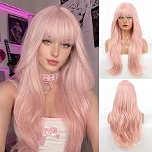 HAIRCUBE Long Baby Pink Highlights Wig with Bangs Layered Curly Wigs for Women Natural Synthetic Wigs for Daily Use pelucas de cabello natural