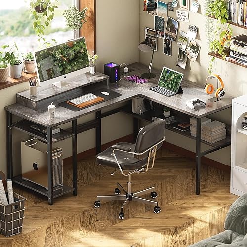 Miniatura 2 de Unikito Escritorio reversible en forma de L con tomas de corriente y luz LED RGB, escritorio robusto para computadora con soporte ergonómico para