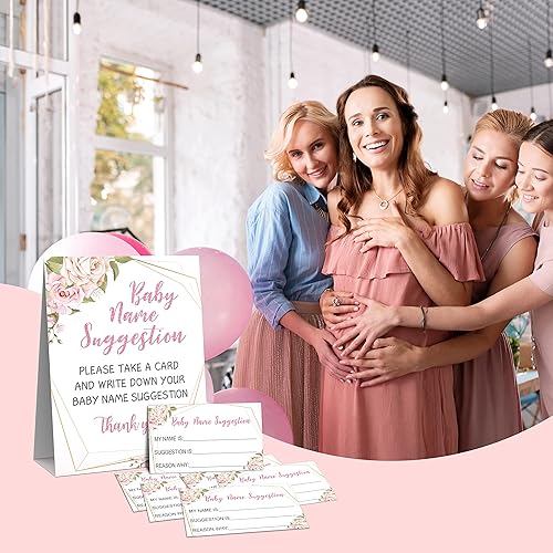 Miniatura 5 de Sugerencia de nombre de bebé para baby shower, tarjetas de juego de sugerencia de nombres florales rosa rubor, 1 letrero y kit de 50 tarjetas de