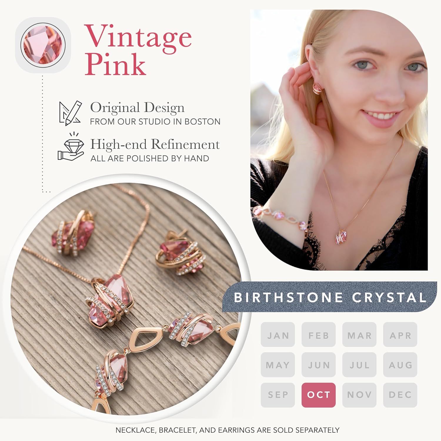 Leafael Wish Stone Pendant Necklace with Birthstone Crystal, 18K Rose Gold Plated/Silvertone, 18" + 2" - Image 4