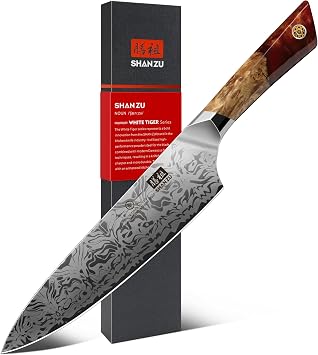 SHAN ZU Damascus Chef Knife, SG2 Powder Steel Japanese Kitchen Knife | 8 in Hand Forged 91 Layers Damascus Steel Ultra Sharp Knife with Ergonomic Maple Handle
