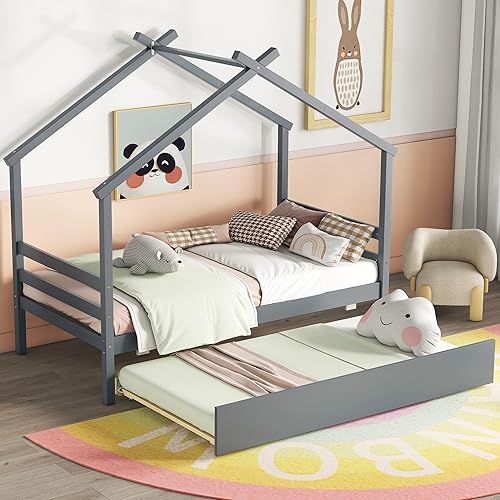 Miniatura 10 de Cama de plataforma de madera con dos cajones, cama de casa tamaño individual con diseño de techo, patas de pino macizo, cabecera y estribo, cama