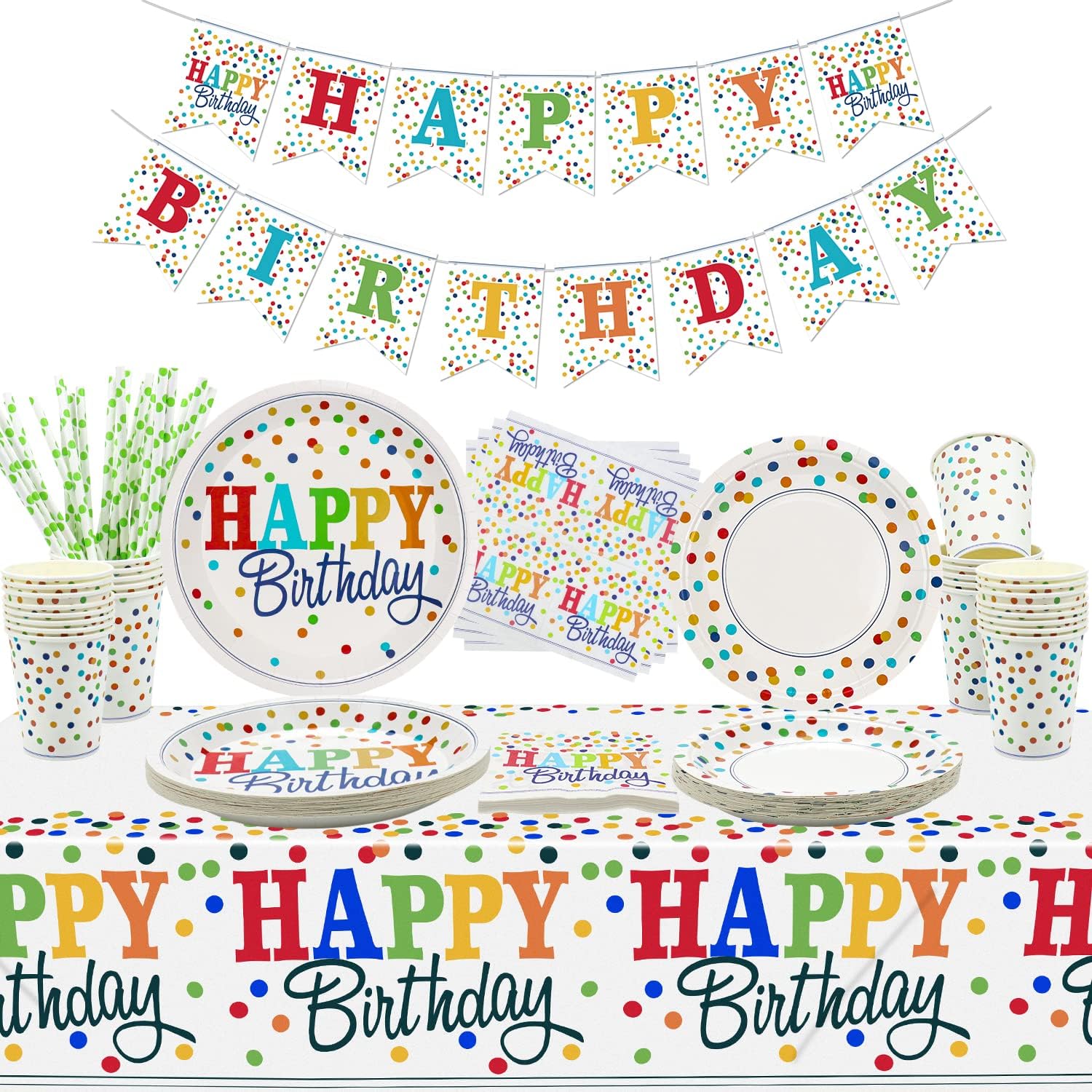 Rainbow Party Supplies, Birthday Banner, Colorful Mini Polka Dot Paper Plates, Napkins, Cups, Tablecloth