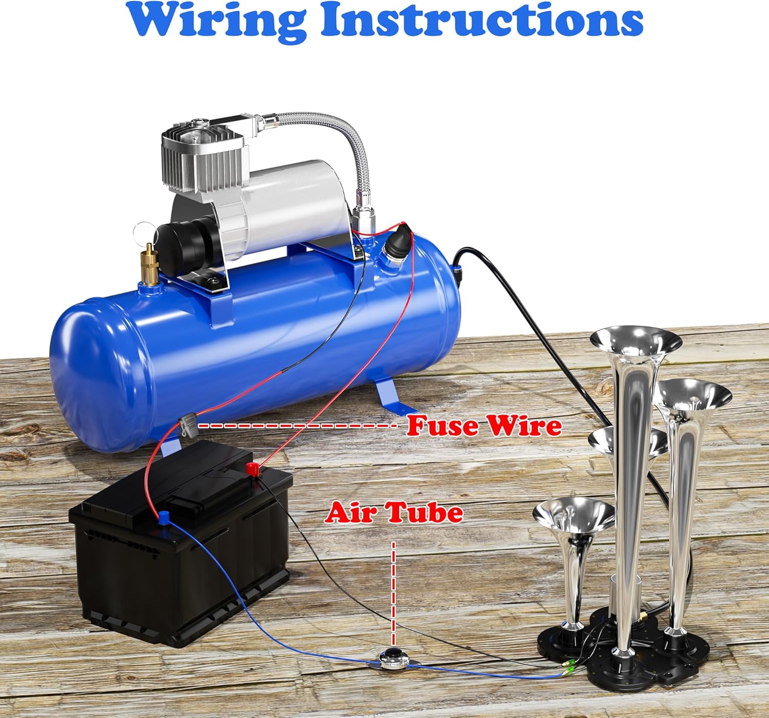 150DB Train Air Horn Kit, 4 Trumpet Loud Train Horns Kit for 150 PSI 12V Air Compressor 1.59 Gallon for Trucks, Cars, Van Boats Super Loud Air Horn(Blue)