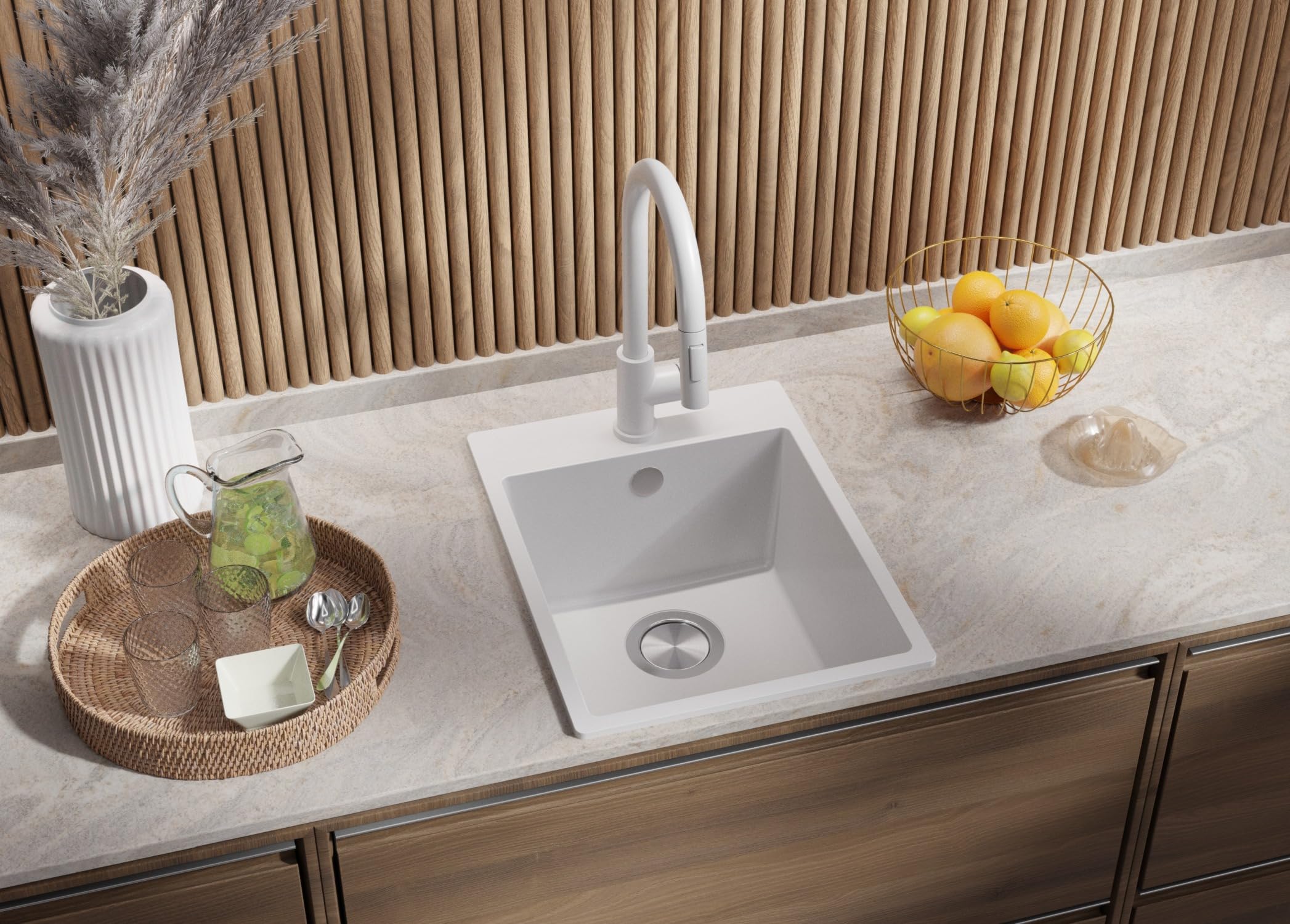 PRIMAGRAN Evier Cuisine en Granit Blanc 38x50cm, Lavabo 1 bac + Kit de Vidage, Évier à Encastrer au Meuble 40cm - Riga S036