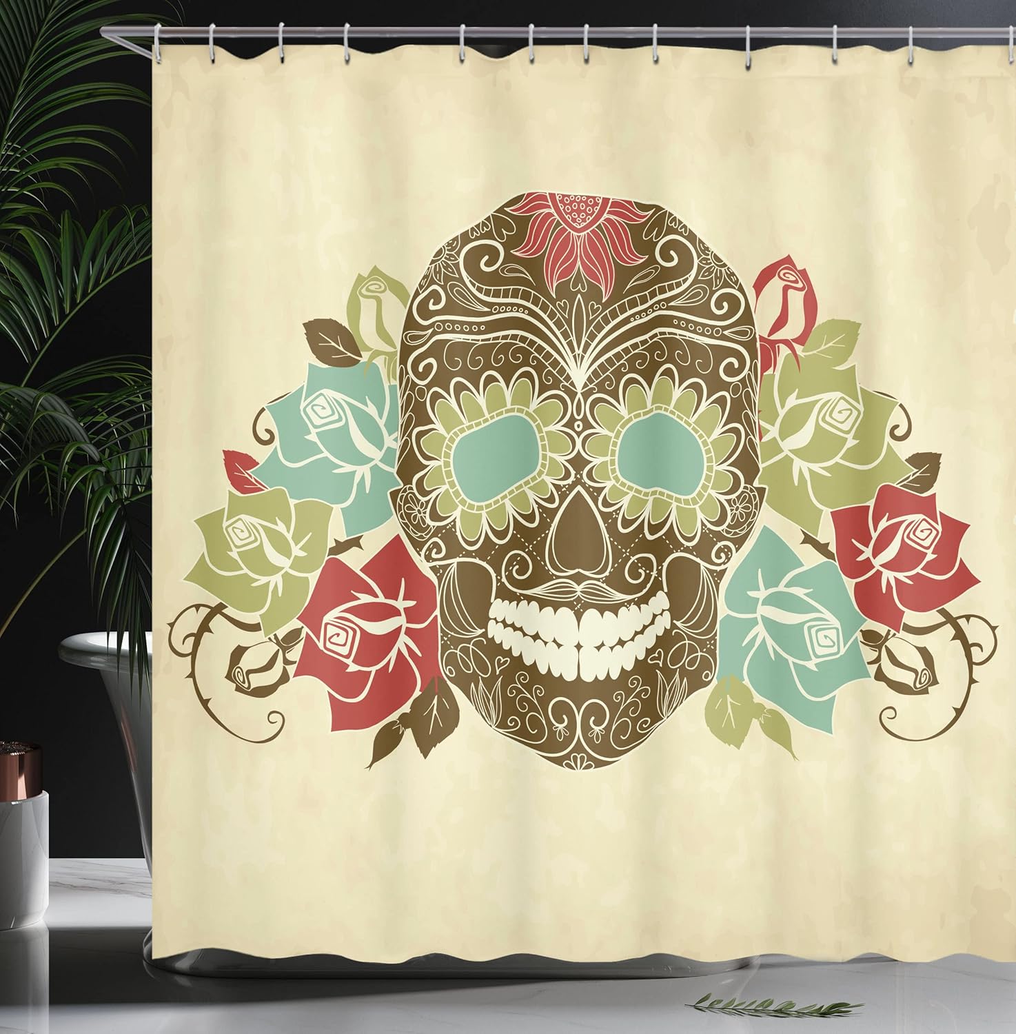Ambesonne Sugar Skull Shower Curtain, Skull and Roses Colorful Vintage Composition with Smiling Gothic Face, Cloth Fabric Bathroom Decor Set with Hooks, 69" W x 75" L, Cream Khaki