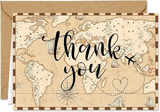 JarThenaAMCS 24 Pack Travel The Map Thank You Cards Vintage Around The World Greeting Cards with Envelopes Stickers Brown Blank Note Card for Birthday Baby Shower, 4 x 6 Inch