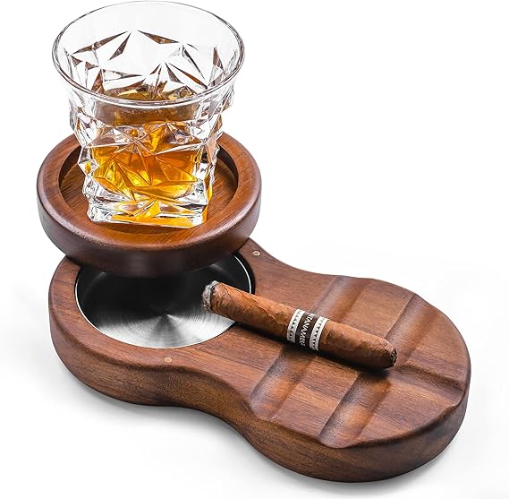 Wooden Cigar Ashtrays Coaster/Whiskey Glass Tray and Cigar Holder