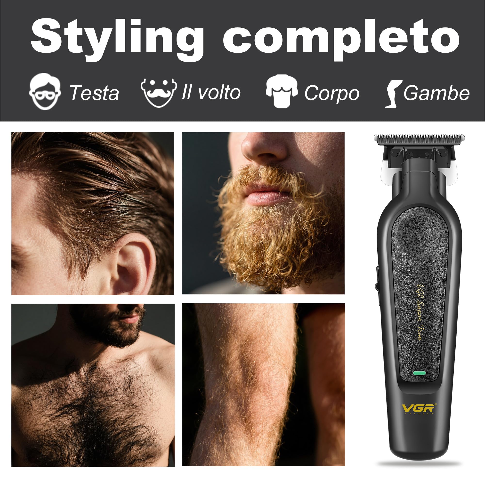 VGR 995 Tagliacapelli Professionale per Uomo, Tondeuse Zero Gap per Barberia, Tondeuse Senza Filo per Barba con 4 Pettini Guida, Tagliacapelli di Precisione, Ricarica USB-C