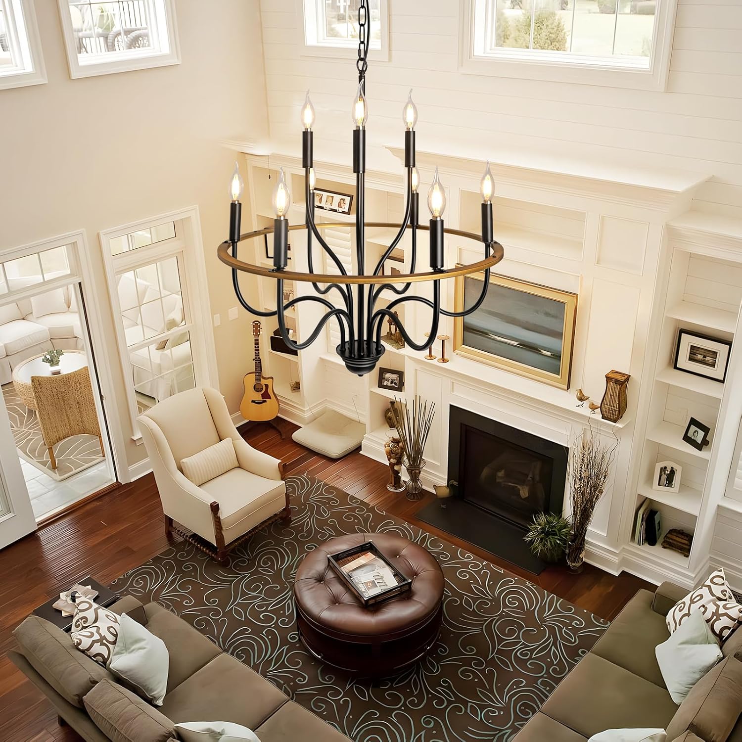 SEEBLEN Black Wagon Wheel Chandelier for High Ceilings,Farmhouse Chandelier for Dining Room Height Adjustable,r for Hallway Living Room Foyer,E12 Bulb.