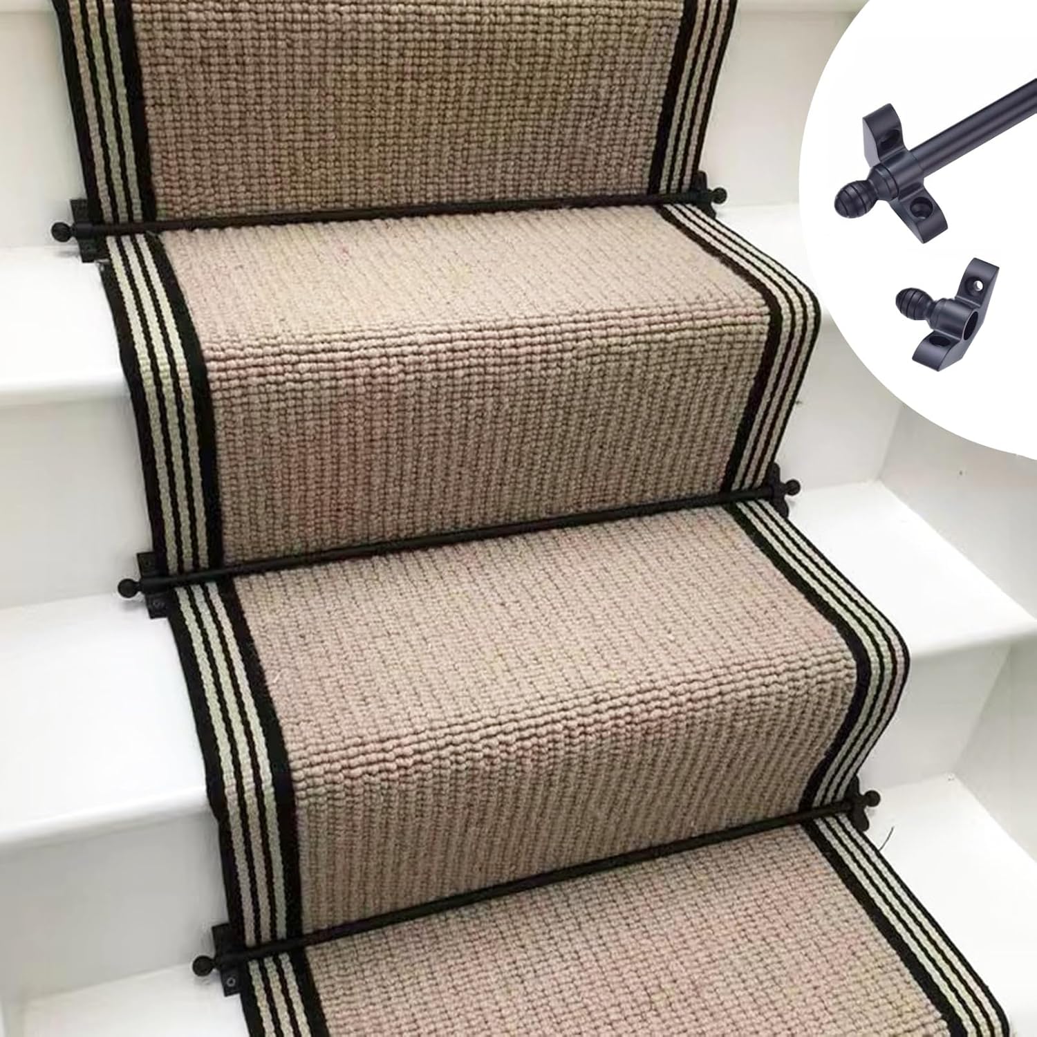 Matte Black Stair Runner Rods with Round Finials - Decorative Brass Non-Slip Carpet Rods for Customizable Length (35 3/8") - Perfect for Home Décor Enhancement