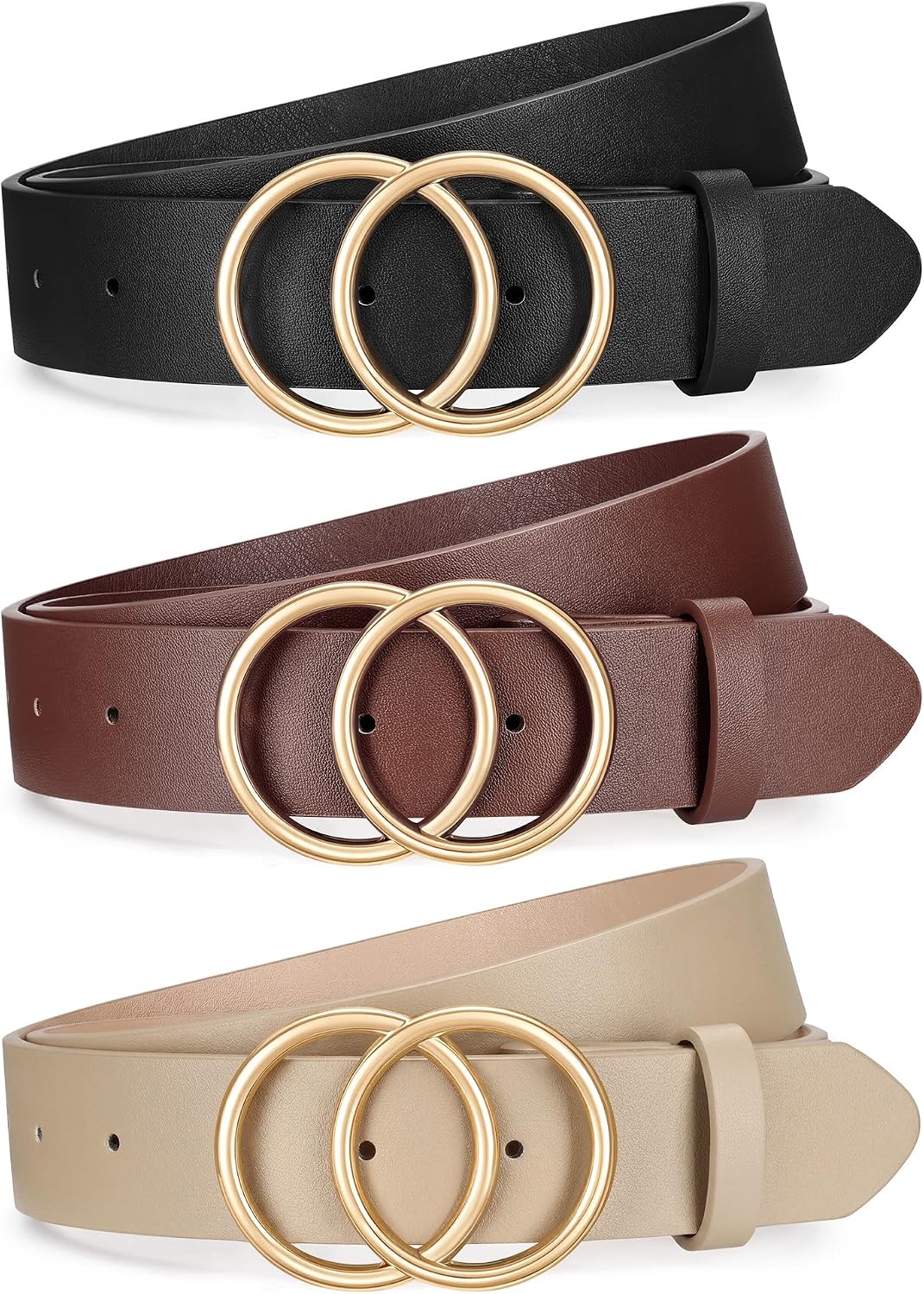 XZQTIVE 3 Packs Women's Leather Belts For Jeans Dresses Pants Fashion Ladies Waist Belt with Double O-Ring Gold Buckle