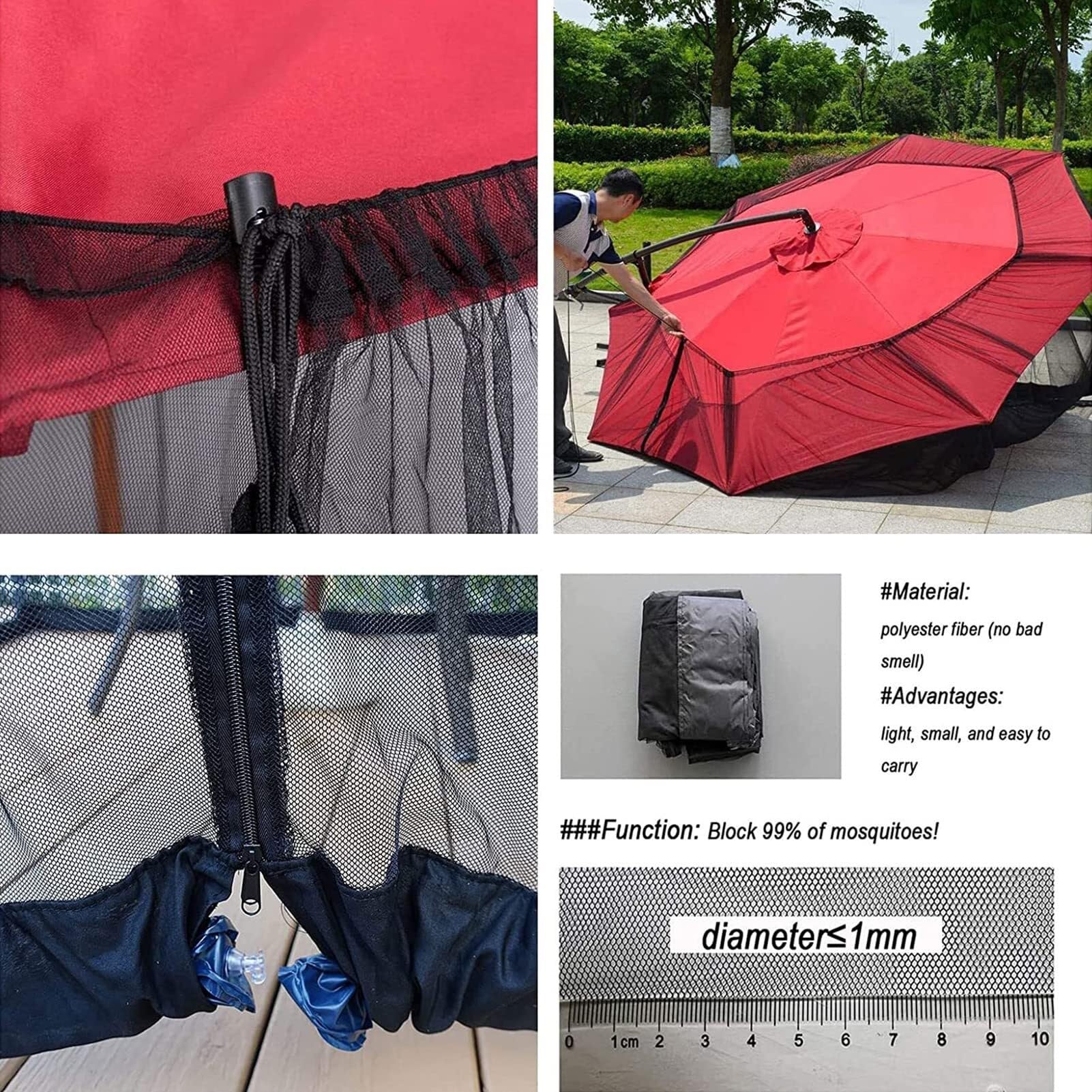 Mosquitera ajustable de 3 x 3 m para sombrilla y pabellón con cremallera, red de protección para patio y balcón, solución de protección contra insectos