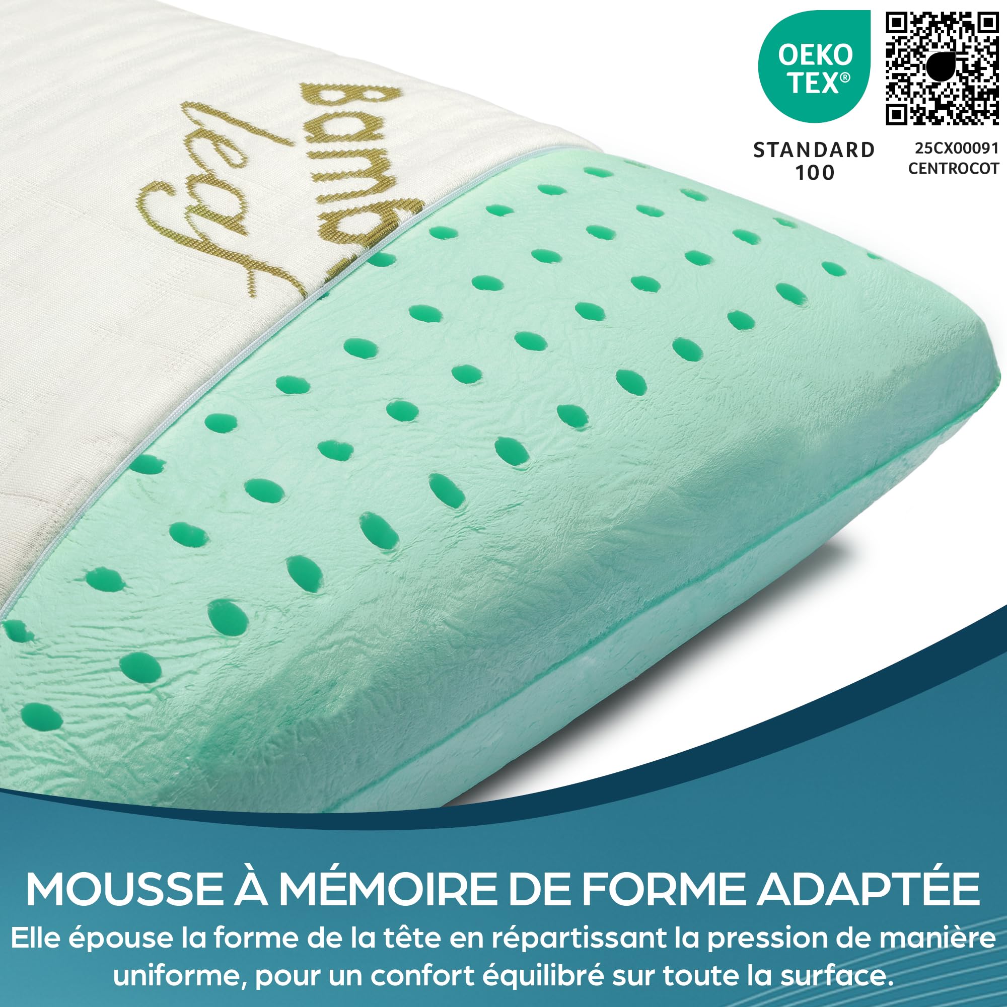 Flowen Oreiller Memorie Forme Coussin Ergonomique Cervical Idéal pour Le Soutien du Cou et de la Tête Orthopédique Anti Ronflement Anti Acarien Hypoallergénique Taie d'oreiller Bamboo Lavable