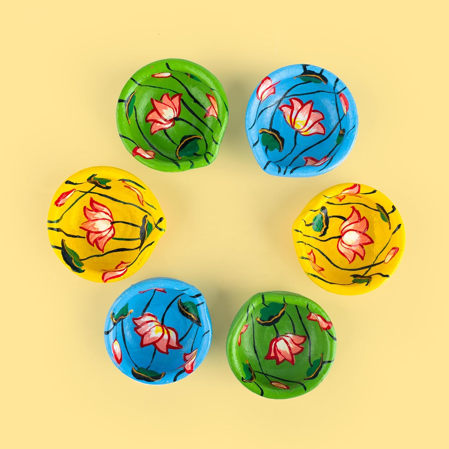 Earthen Diya Clay Terracotta Diwali Tealight Holder for Pooja Hand Painted Colorful Deepak Decoration Diya Deepam New Traditional Indian Festival Décor (Multicolor Lotus Design)