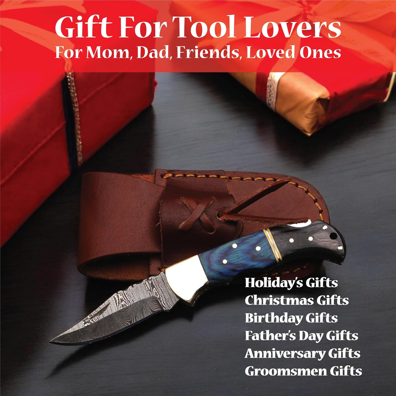 6.5 inch Damascus Pocket Knife with Sheath, Handmade Folding Pocket Knife for Men, Black-Red Wooden Handle with Brass Bolster, Secure Lock Back Camping Knife for EDC,Hunting,Hiking (Blue)