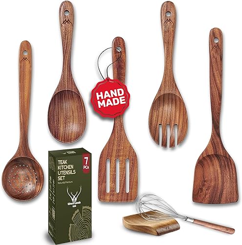 7 utensilios de cocina de madera de teca, juego de utensilios de cocina de madera hechos a mano con soporte, elegantes cucharas de madera para