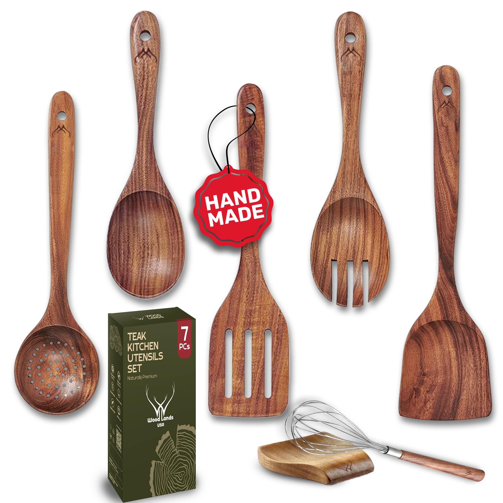 WOODLANDS USA 7 Pcs Teak Wooden Kitchen Utensils with Holder