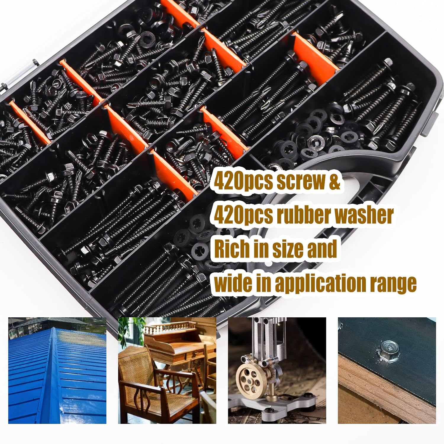 weideer 840pcs #14#12#10#8 Self Tapping Screws for Metal,410 Stainless Steel Screws Assortment Kit, Black Hex Washer Head Quick Tapping Screw with Rubber Washer (420 Sets) K-189-BK