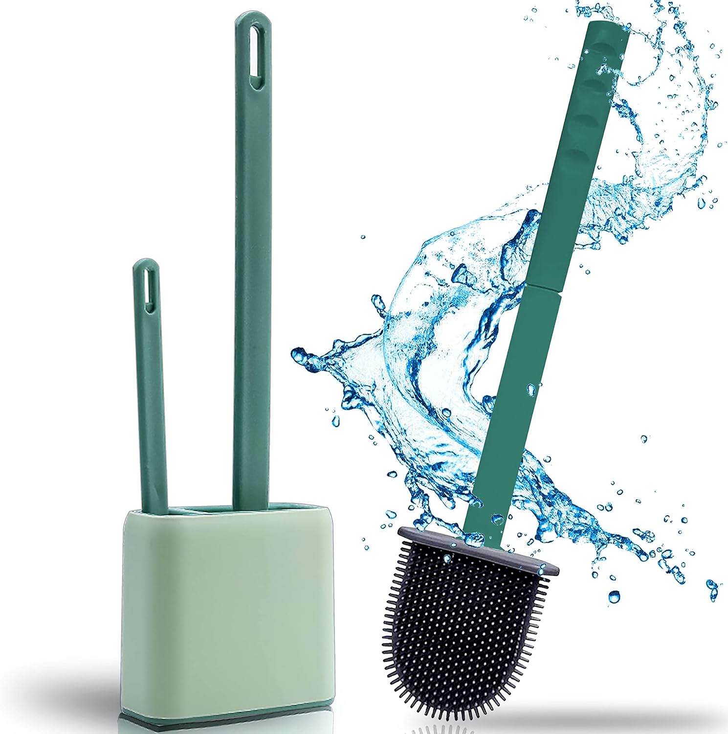 Toilet Brush and Holder Set, 2 in1 NonSlip Handle Soft Flexible Flat