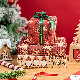 RUSPEPA Christmas Wrapping Paper Rolls - 17 inches x 10 feet per Roll, Total of 3 Rolls - Santa Claus, Reindeer and Snowflake