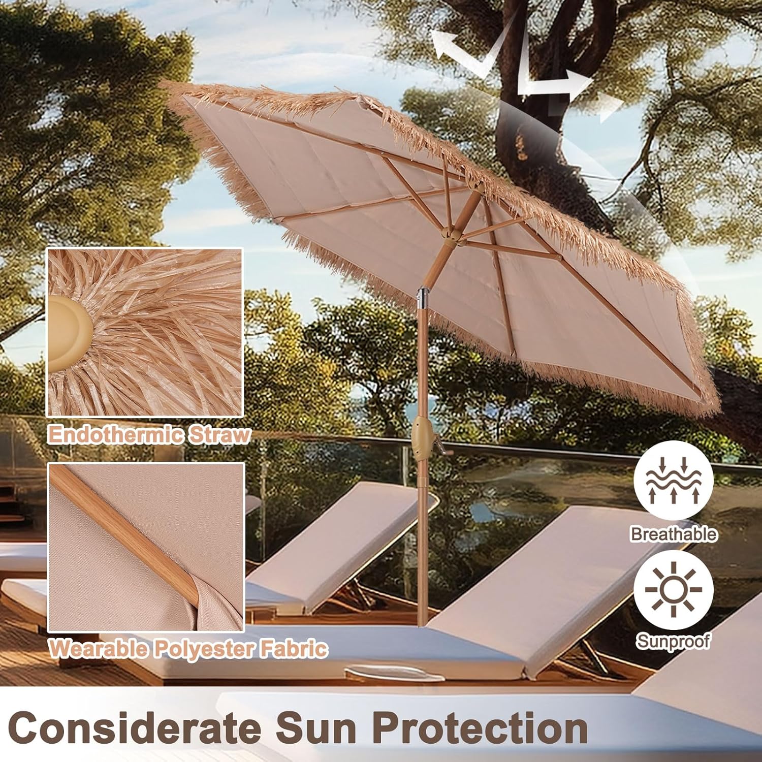 GDY 7.5FT Tiki Patio Umbrella Outdoor Table Umbrella,Market Umbrella with 6 Sturdy Ribs, with Push Button Tilt and Crank for Garden, Lawn, Deck, Backyard & Pool (Straw Yellow)