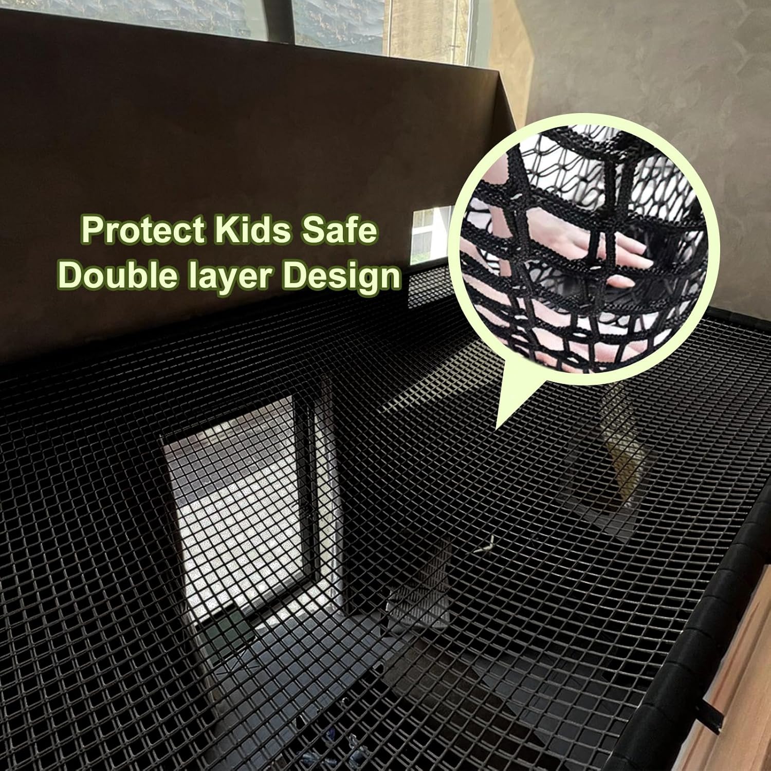 Kids Climbing Cargo Net, 9.8 * 9.8 ft Playground Safety Net, Polyester Double Layers Net Bridge for Inside, Outside, Backyard,Tree House, Obstacle Training, Monkey Bar, Black (9.8 * 9.8)