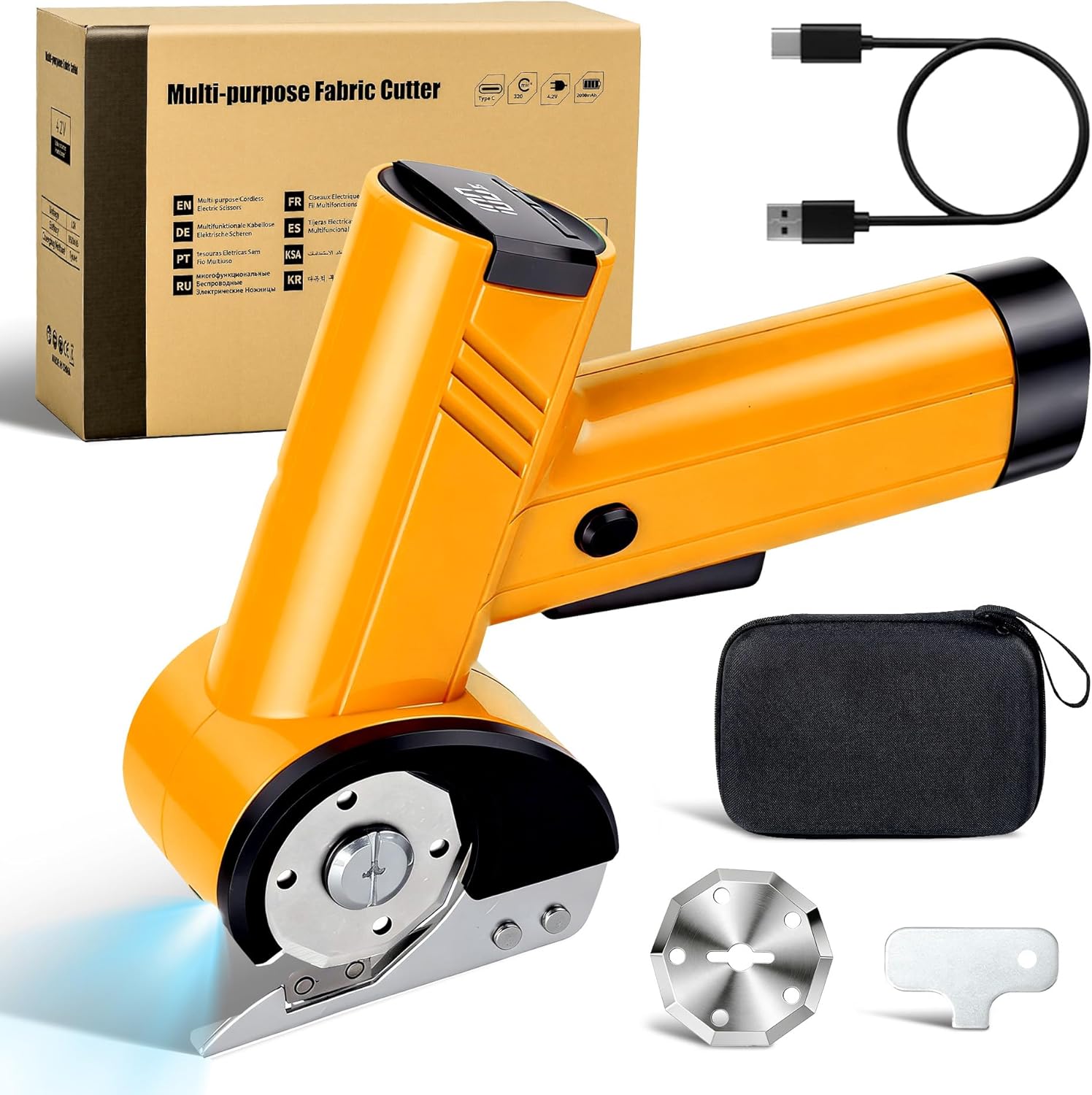 Cordless Electric Scissors, 4 Speeds Adjustment Rechargeable Rotary Cardboard Cutter, 4.2V Cardboard Box Cutter with LED Display & Extra Blades for Cardboard, Fabric, Leather, Carpet-Yellow