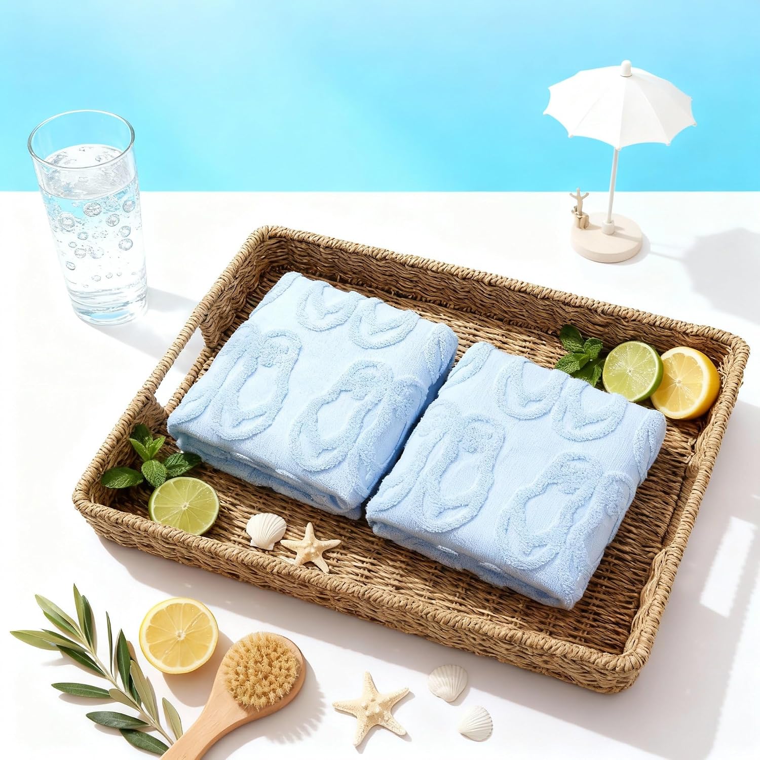 SmoothNovelty 2 Pcs Coastal Hand Towels Blue Flip Flops Summer Beach Bathroom Towel 29.5 x 13.7 Inch Cotton Jacquard Embroidered Dish Towels Ocean Pool Bath Towel for Kitchen Bathroom Drying Cleaning