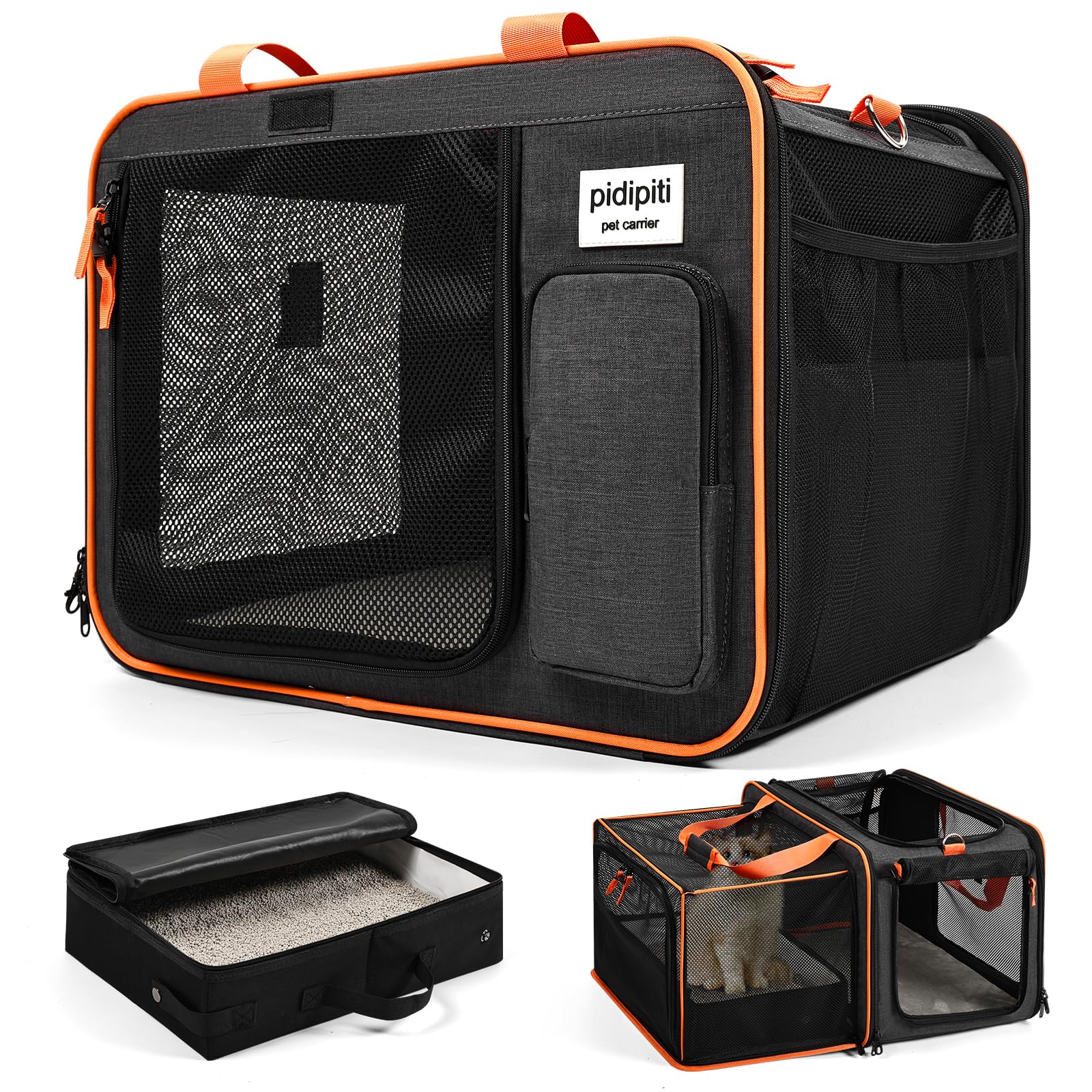 Pidipiti 20 x 14 x 14 Expandable cat car Travel Carrier for 1 Small-Medium cat,with a Portable Leakproof Small cat Litter Box